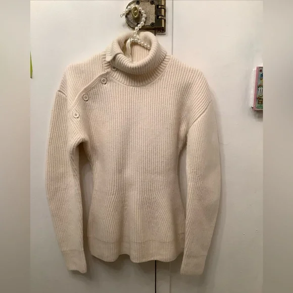 Jil Sander Asymmetric Button Turtleneck Knit Sweater Ivory Long Sleeve Sz 34-S/M - Picture 2 of 16